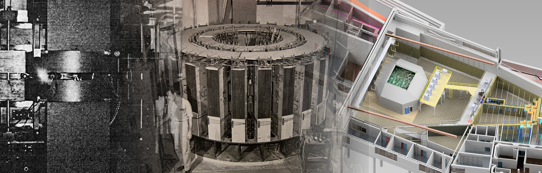 an image showing the first sycnhrotron light, an early machine at cornell and a blueprint