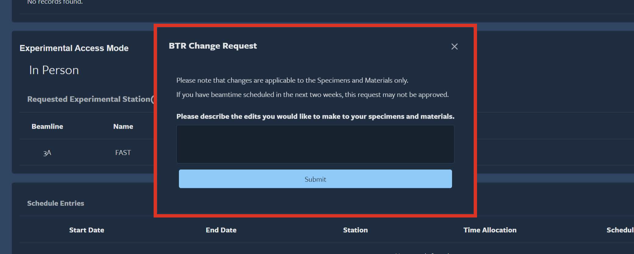 SS of BTR Change Request Pop Up Window 