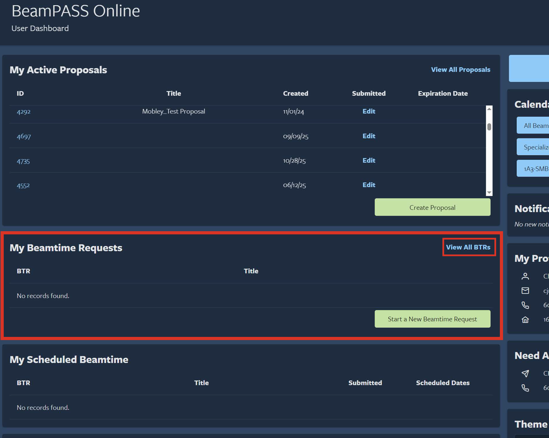 SS of Beamtime Requests Widget 