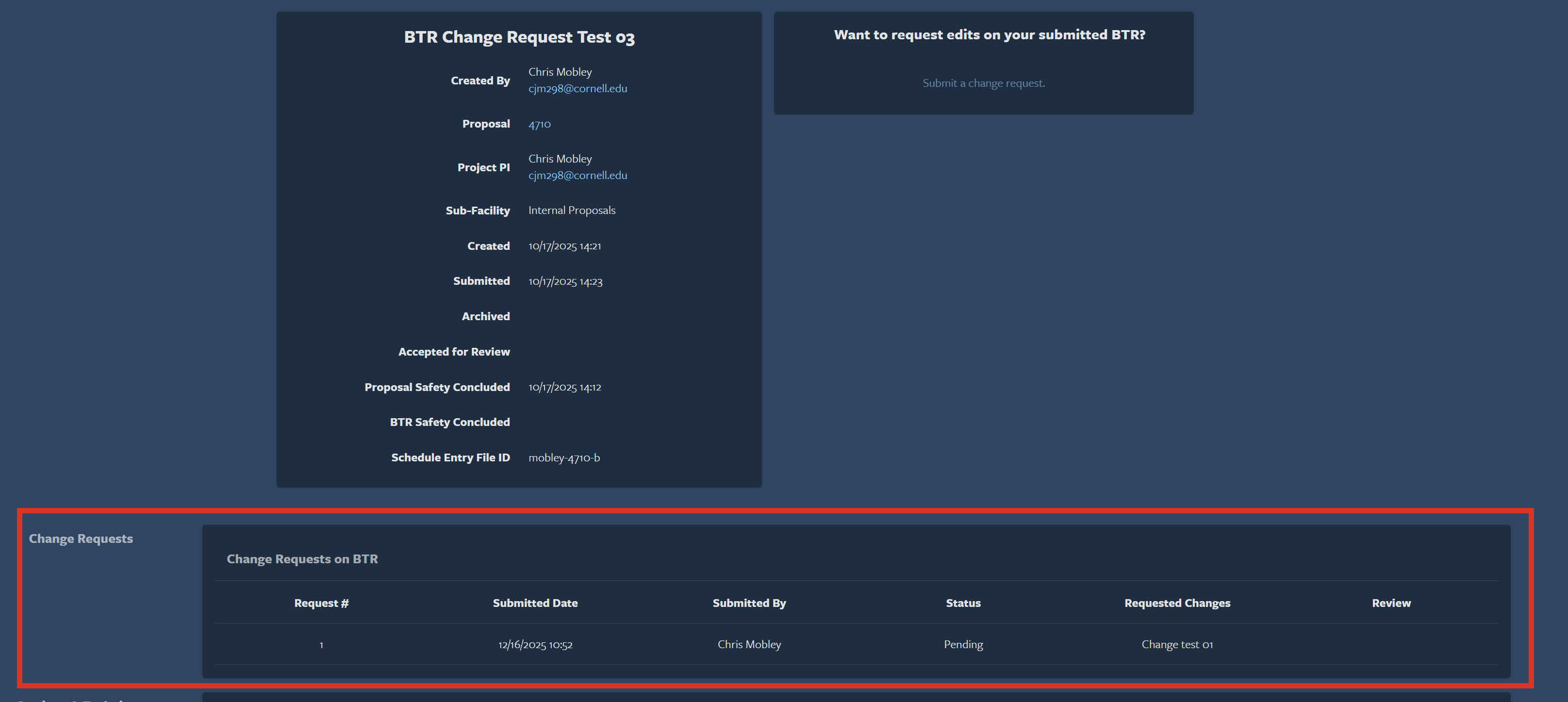 SS of BTR Change Request Table View 