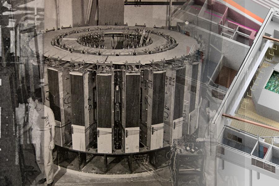 an image showing the first sycnhrotron light, an early machine at cornell and a blueprint