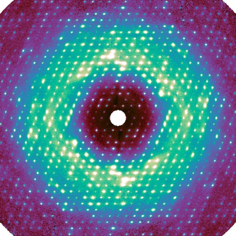 This slice through the three-dimensional diffuse map shows intense peaks resulting from lattice vibration, as well as cloudy features caused by internal protein motions.