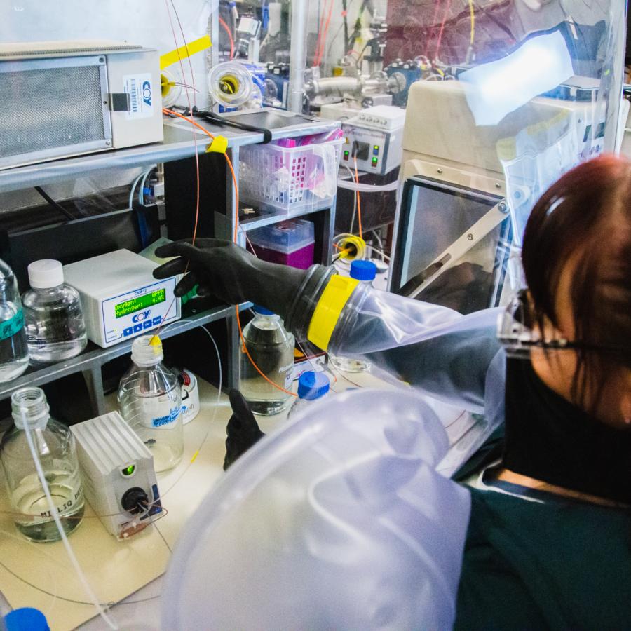 Gabrielle Illava manipulating samples within the anaerobic chamber