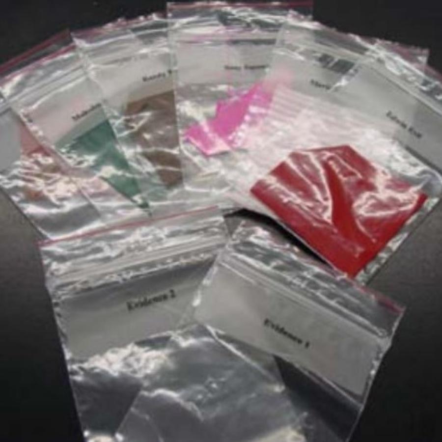 Plastic evidence bags used for fiber analysis in the lab