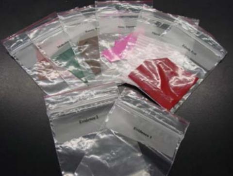 Plastic evidence bags used for fiber analysis in the lab