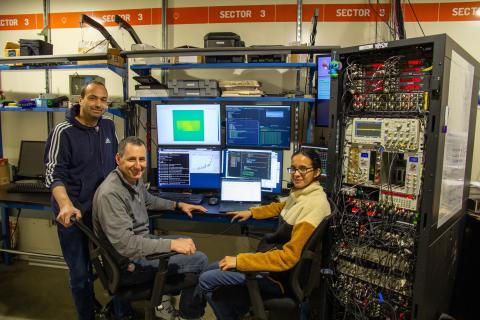 NSDF contributors and CHESS users Giorgio Scorzelli (University of Utah), Glenn Tarcea (University of Michigan), and Chaitali Patil (University of Michigan) demonstrating the NSDF dashboard at the Forming and Shaping Technology (FAST) Beamline at CHESS