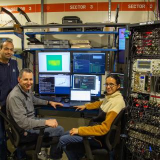 NSDF contributors and CHESS users Giorgio Scorzelli (University of Utah), Glenn Tarcea (University of Michigan), and Chaitali Patil (University of Michigan) demonstrating the NSDF dashboard at the Forming and Shaping Technology (FAST) Beamline at CHESS