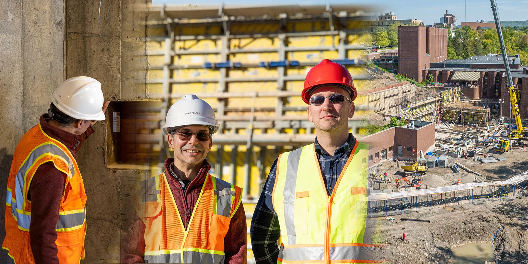 Composite image of people posing and a construction site